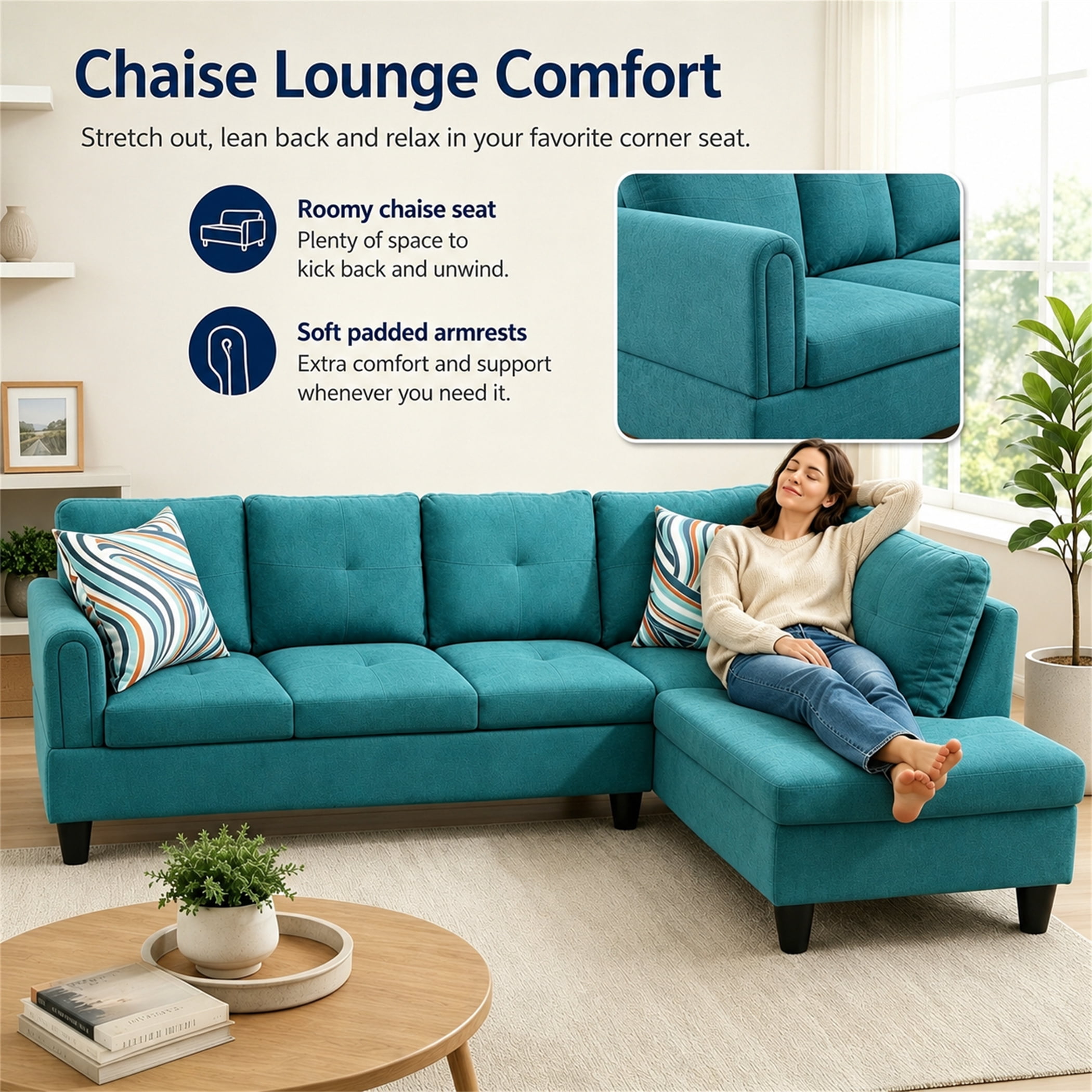 Aukfa 97" Classic Sectional Sofa 4 Seat L shape Couch with Oversized Right Chaise for Living Room, 2Pillows, Linen, Aqua Blue