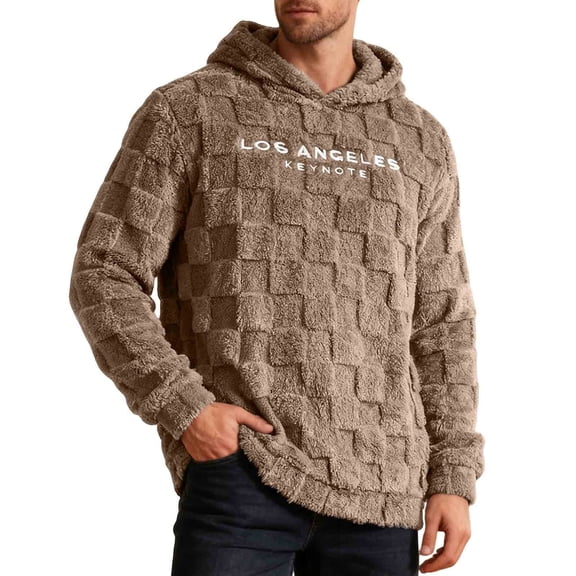 Kilaqueen Mens Sweatshirt Fuzzy Sherpa Long Sleeve Letter Embroidery Pullover Tops with Hooded 2025 Fall Winter Warm Trendy Sweatshirt