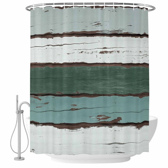 Polyester Fabric Green Gray White Shower Curtain, Country Vintage Gradient Wooden Plank Waterproof Bathtub Curtain Bathroom Decor Set with Hooks 72 x 96 Inches