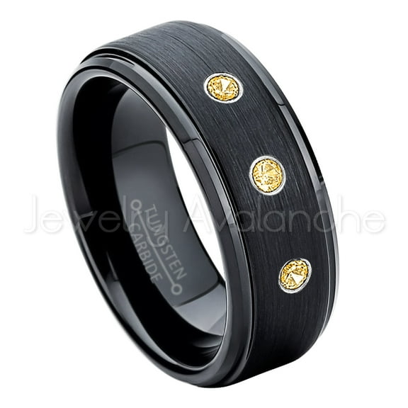 8mm Brushed Black Mens Tungsten Ring - 0.21ctw Citrine 3-stone Band - Personalized Tungsten Wedding Ring - Custom Made November Birthstone Ring TN083BS