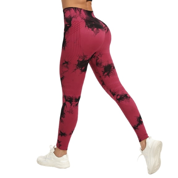 KHONTS Women's Workout Tie Dye Leggings High Waisted Yoga Pants Seamless Scrunch Lifting Compression Tights Red L