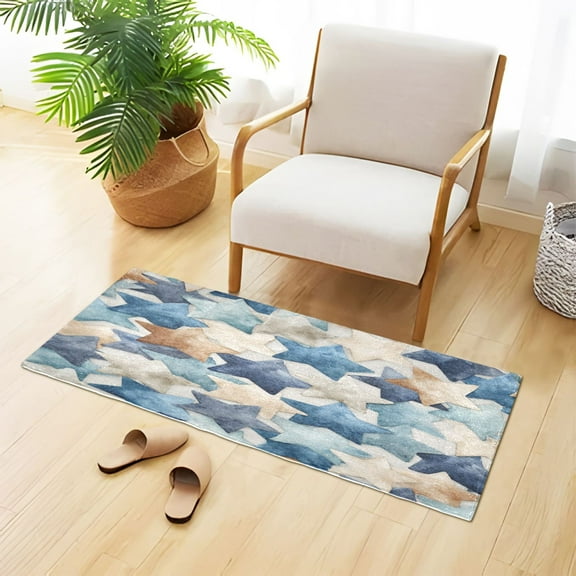 Blue Beige Retro Stars Plush Carpet Non Slip Runner Rug Absorbent Bath Mat 39" x 20"