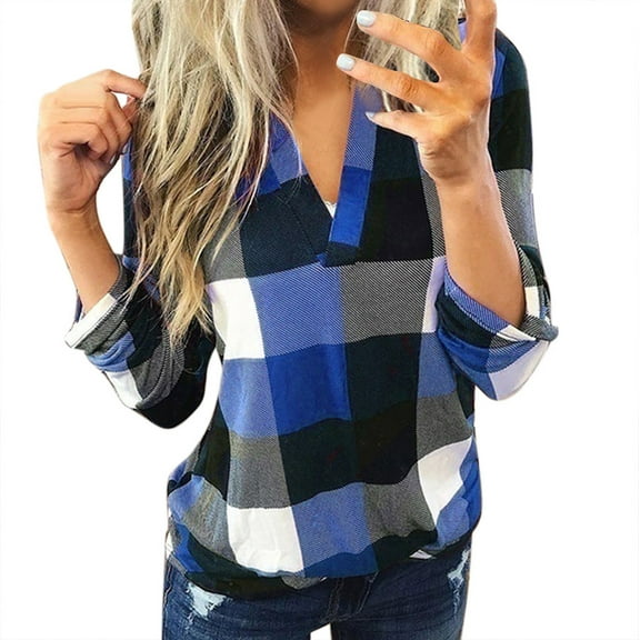 2026 ! Womens Clothes asdoklhq Womens Plus Women Casual Cotton Long Sleeve Plaid Shirt Women's Slim Jacket Shirt Top