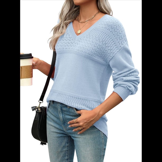 Suéter Informal de Larga con Cuello en V, Tejido Acanalado y Crochet Ligero para Mujer (Otoño 2025) Azul Puro S