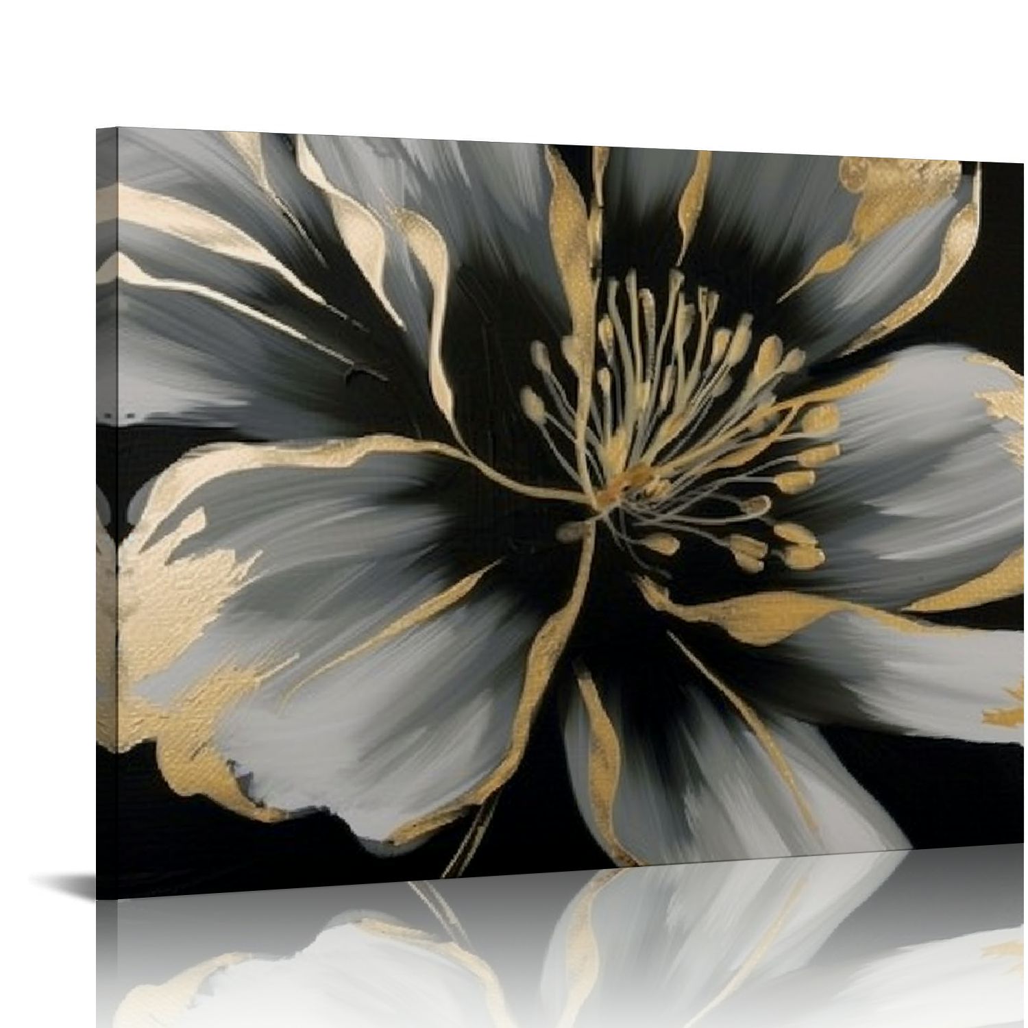 Fenyluxe Black and Gold Flower Canvas Art Modern Prints for Wall Decor - Ideal Choice for Bedroom, Kitchen - Ready To Hang Home Art Decor 16x12in