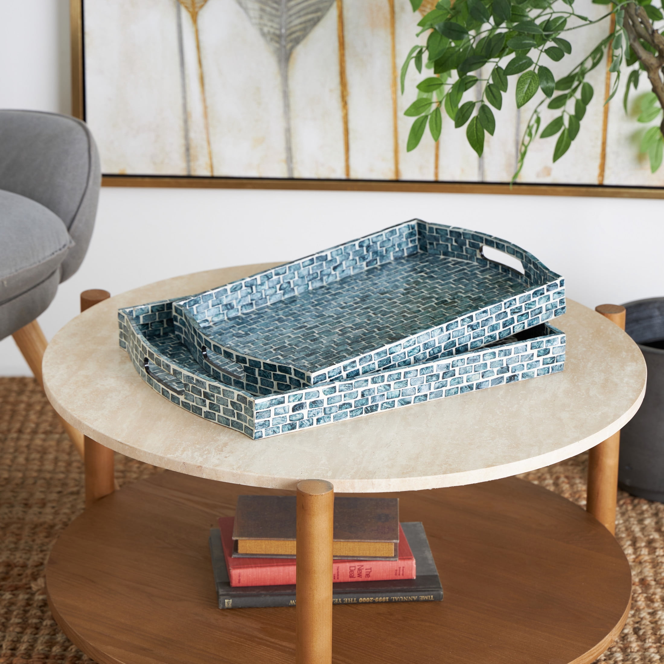 DecMode 20", 18"W Blue Wood  Tray with Slot Handles, 2-Pieces