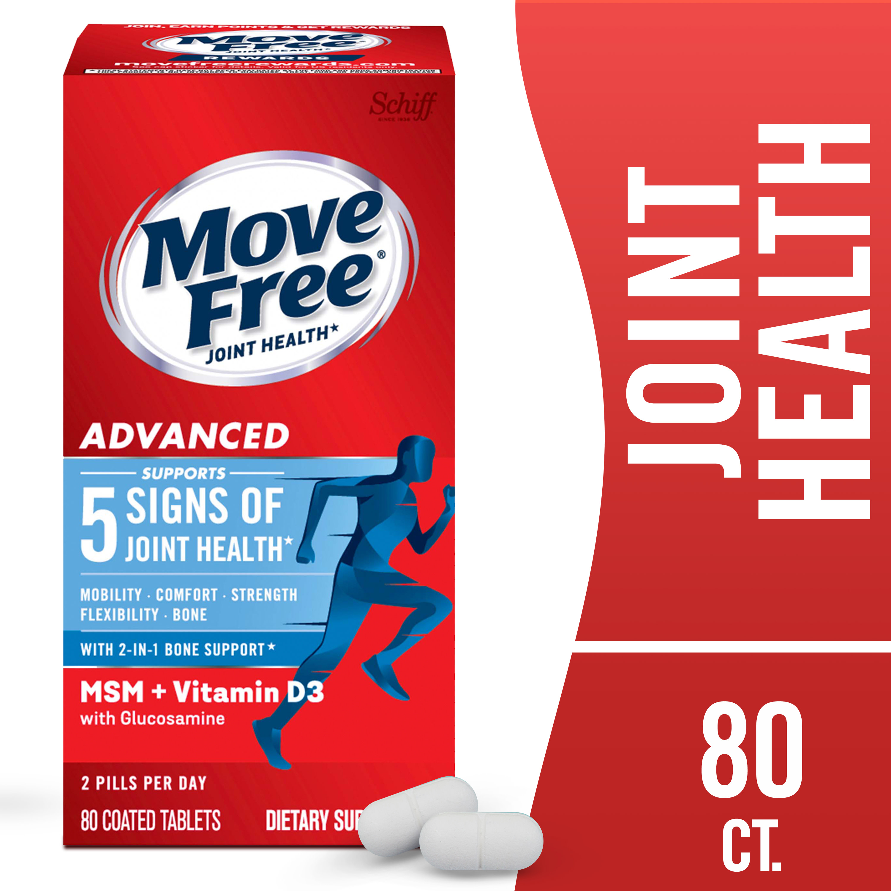 Move Free Advanced Plus MSM and Vitamin D3, Joint Health Supplement with Glucosamine and Chondroitin, 80 Count