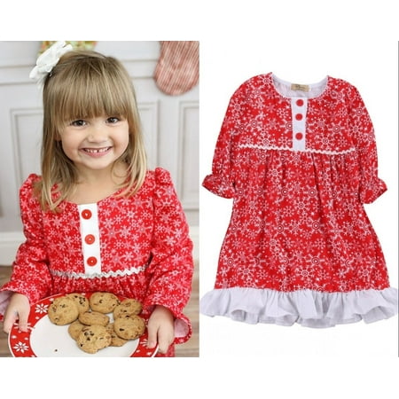 Hot Xmas Toddler Baby Girls Long Sleeve Red Dress Snowflake Princess Party Tutu Dress