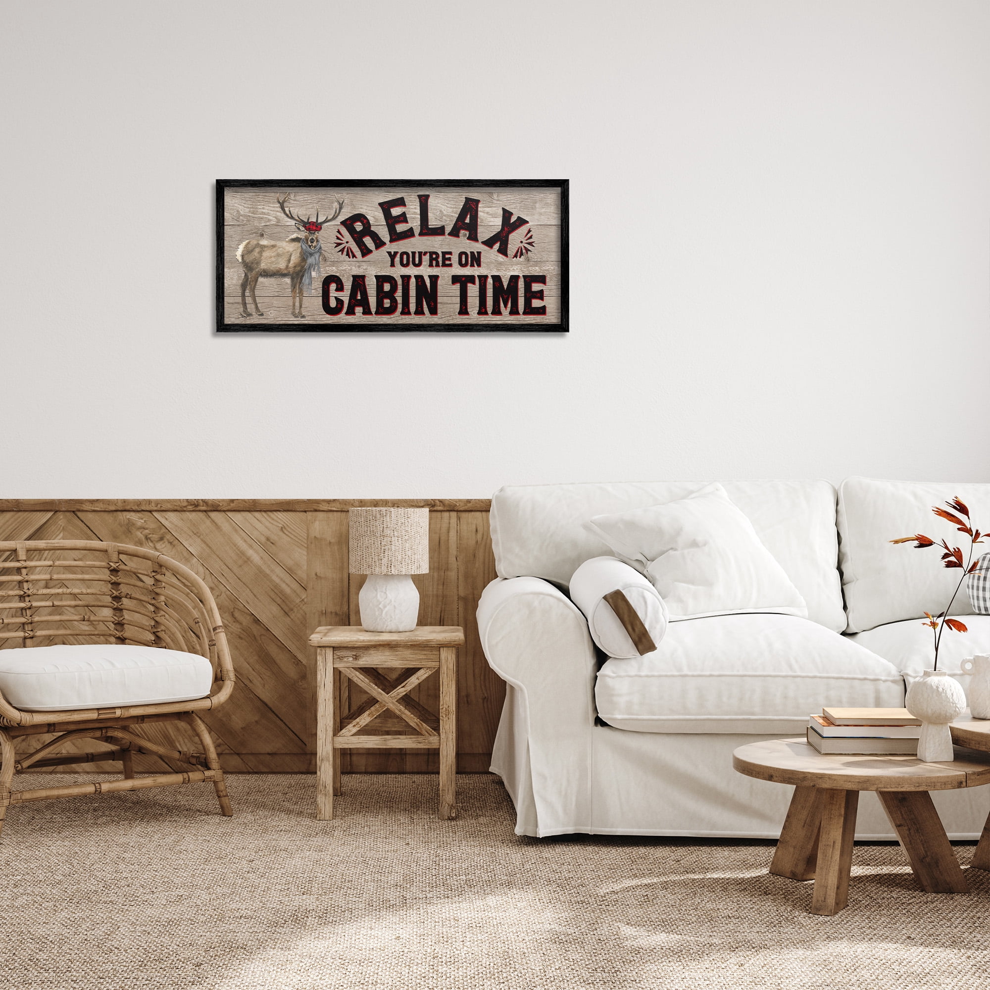 Stupell Industries Cabin Time Phrase with Deer Animals & Insects Painting Black Framed Art Print Wall Art, 30 x 13