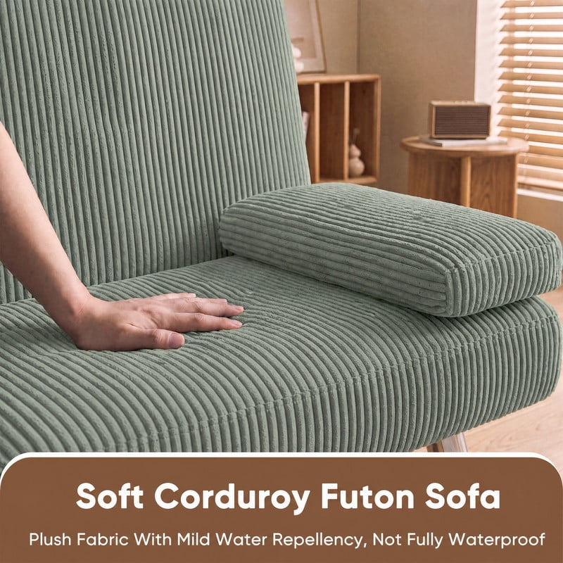 Lacoo Futon Sofa Bed, Corduroy Convertible Couch Sleeper Sofa, Cup Holders, Small Spaces,Green