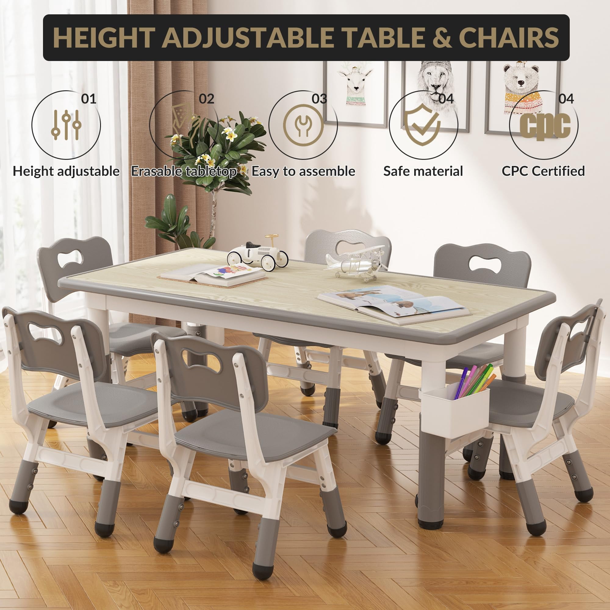 Accreate Kids Table & 6 Chairs Set with Storage Box - Height Adjustable Toddler Table for Ages 2-10, Graffiti Desktop, Non-Slip Legs - Ideal for Daycare, Classroom & Home Activities