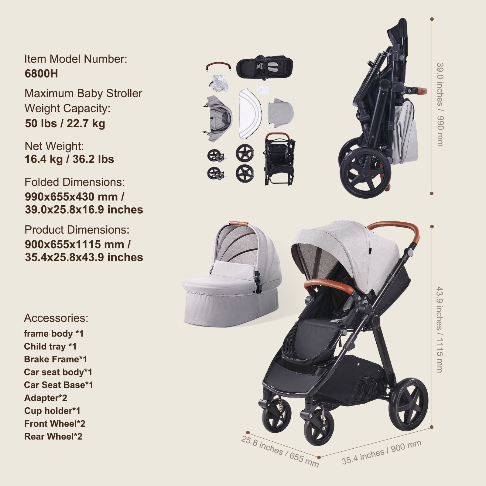 KFFKFF Journey Ensemble: 2-in-1 Infant Bassinet & Stroller, Reversible Seating, Simple One-Click Fold, Durable EVA Wheels with Safe Braking System, Aluminum Frame - Baby Travel Set in Light Gray