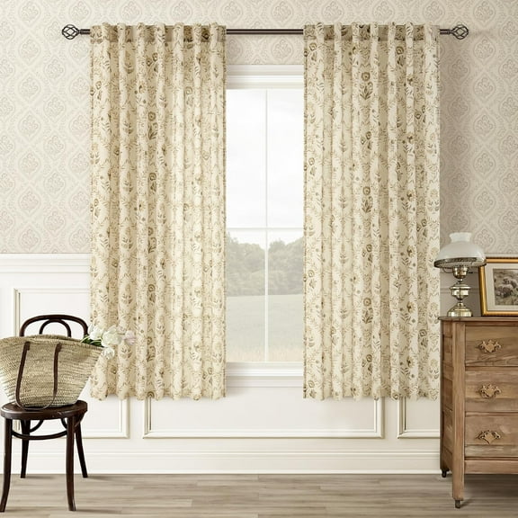Tan Brown Floral Linen Curtains 63 Inch Length 2 Panels Patterned Semi Sheer Living Room Bedroom Back Tab Farmhouse Boho French Country Taupe Khaki Flower Plant Kitchen Window Curtain Drapes 52x63