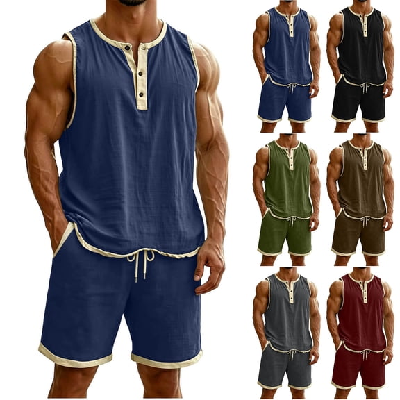 Favoffer Men 2 Piece Outfits Mens Short Sets Summer Casual Sleeveless Tops Elastic Waist Shorts Beach Vacation Travel