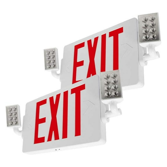 LFI Lights | Thin Combo Red Exit Sign with Emergency Lights | White Housing | All LED | Two Adjustable Heads | Hardwired with Battery Backup | UL Listed | (2 Pack) | COMBOT-R
