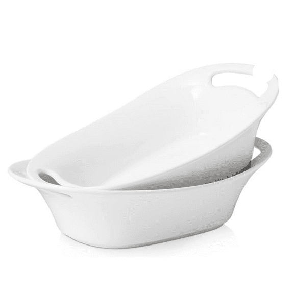 Large Serving Bowls with Handles, 2 Quarts Oval Serving Platter for Turkey, Fruit Salad Serving Dishes for Entertaining, Porcelain Pasta Bowls for Mother's Day, Parties, Set of 2, White
