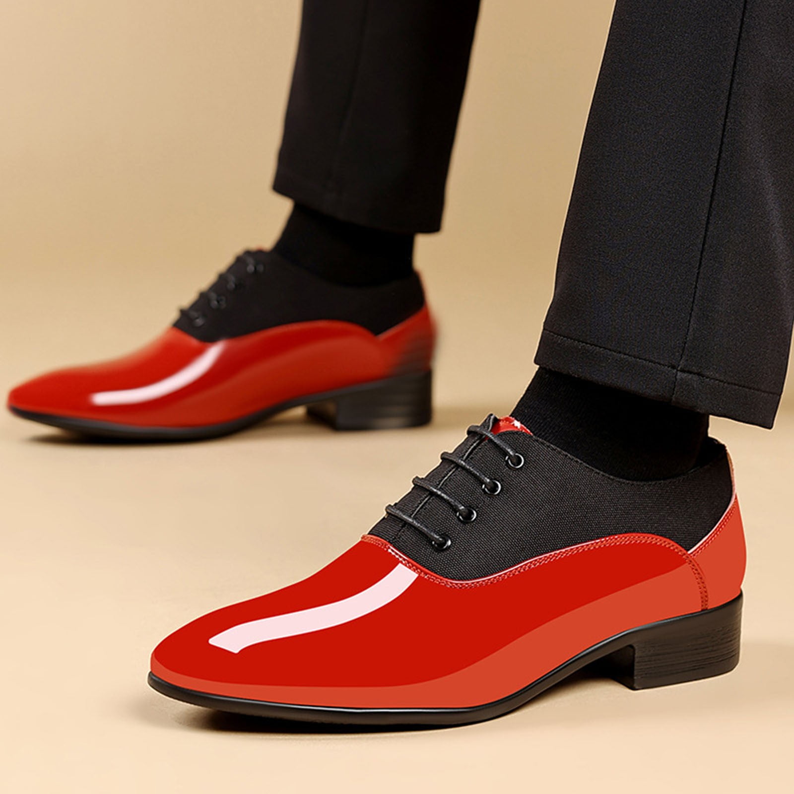 RUIYANQI Men's Two Tone Patent Leather Dress Shoes Lace Up Formal Oxfords for Wedding Business Party Trendy Fashion Square Toe Shoes Comfortable Office Footwear Red Women Sandal
