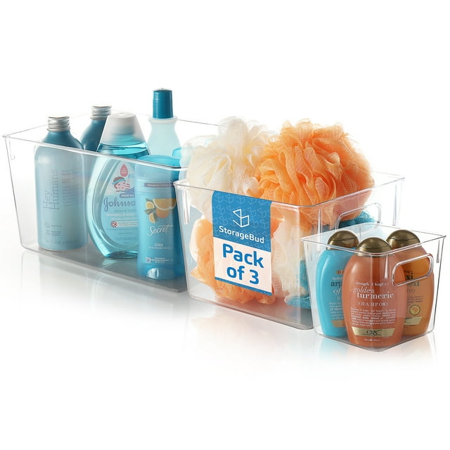 StorageBud 3 Pack Clear Plastic Bathroom Vanity Storage Bin with Handles - Container Organizer for Soaps, Shampoos, Conditioners, Cosmetics, Hand Towels, Hair Brush, Body Spray, Lotion & More
