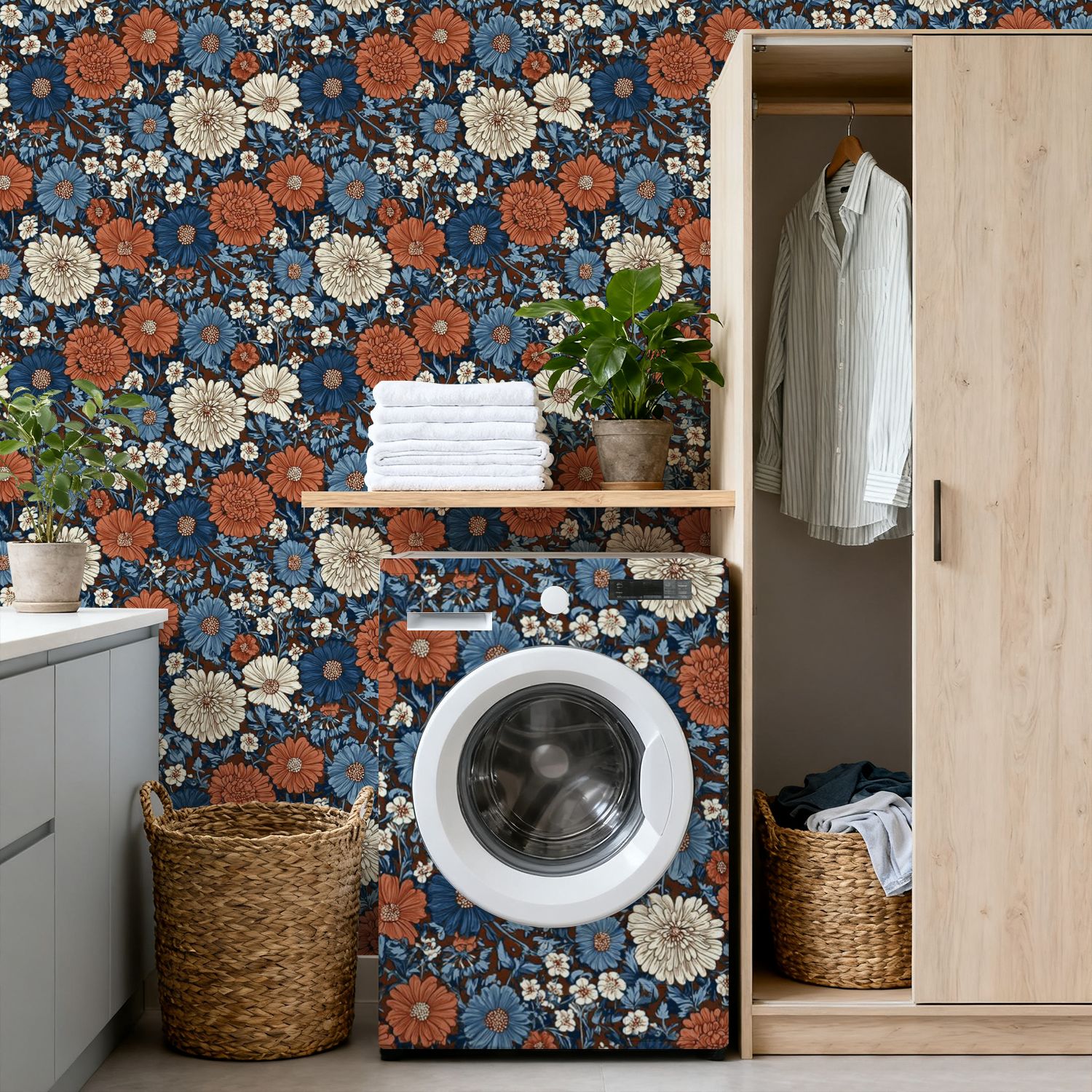 Peel and Stick Wallpaper 17.7in x 9.8ft Dark Brown Blue Vintage Floral White Accents Contact Paper Vinyl Self-Adhesive Removable Wall Paper for Bedroom Nursery Bathroom Renter Friendly