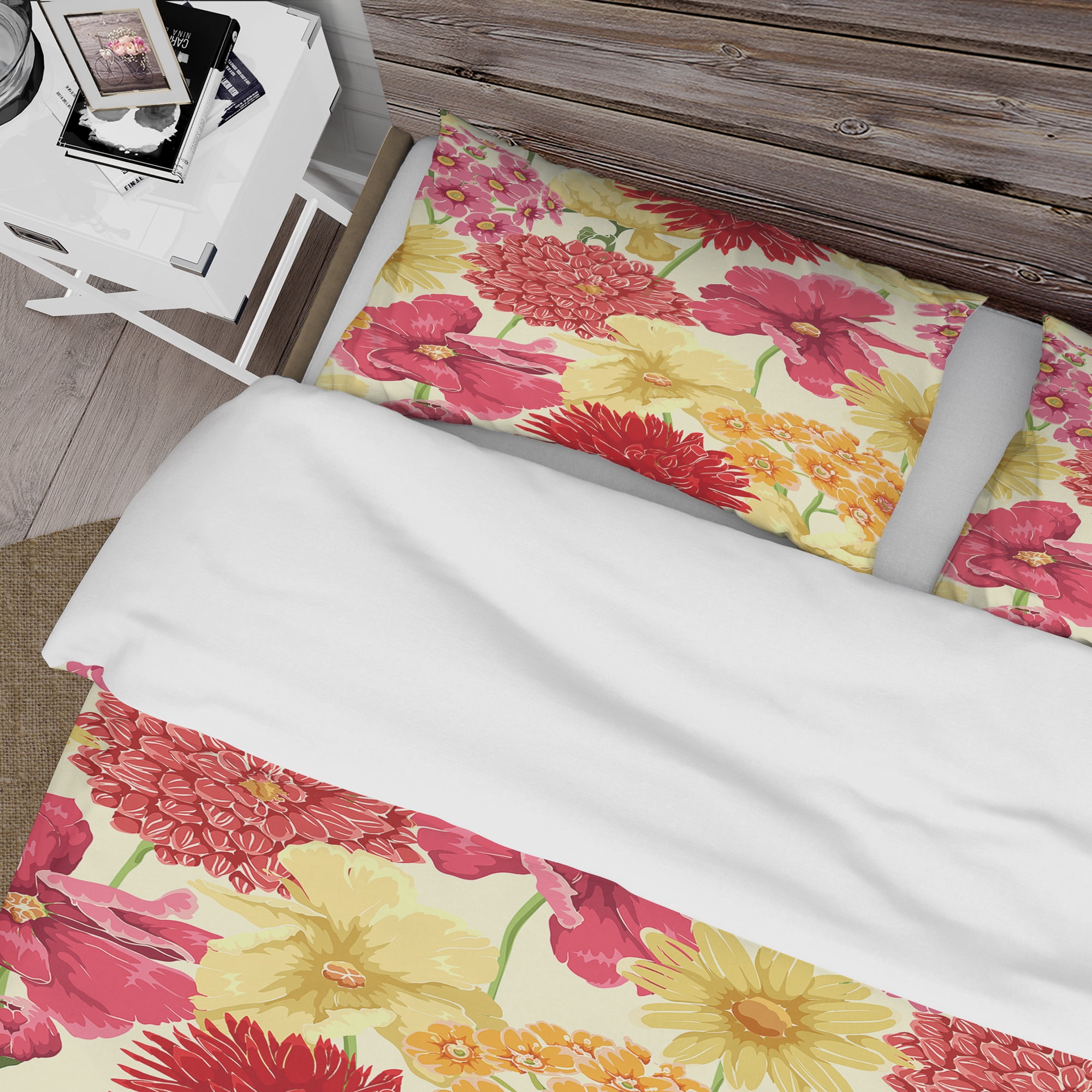 Designart 'Red, Pink and Yellow Flowers' Floral Duvet Cover Set