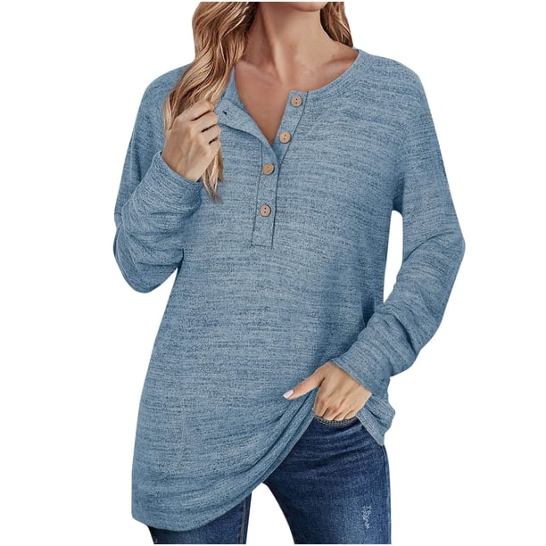 Tops de manga larga con cuello redondo y bolsillos de blusa con botones sólidos a la moda para mujer Fridja bvmnju2050
