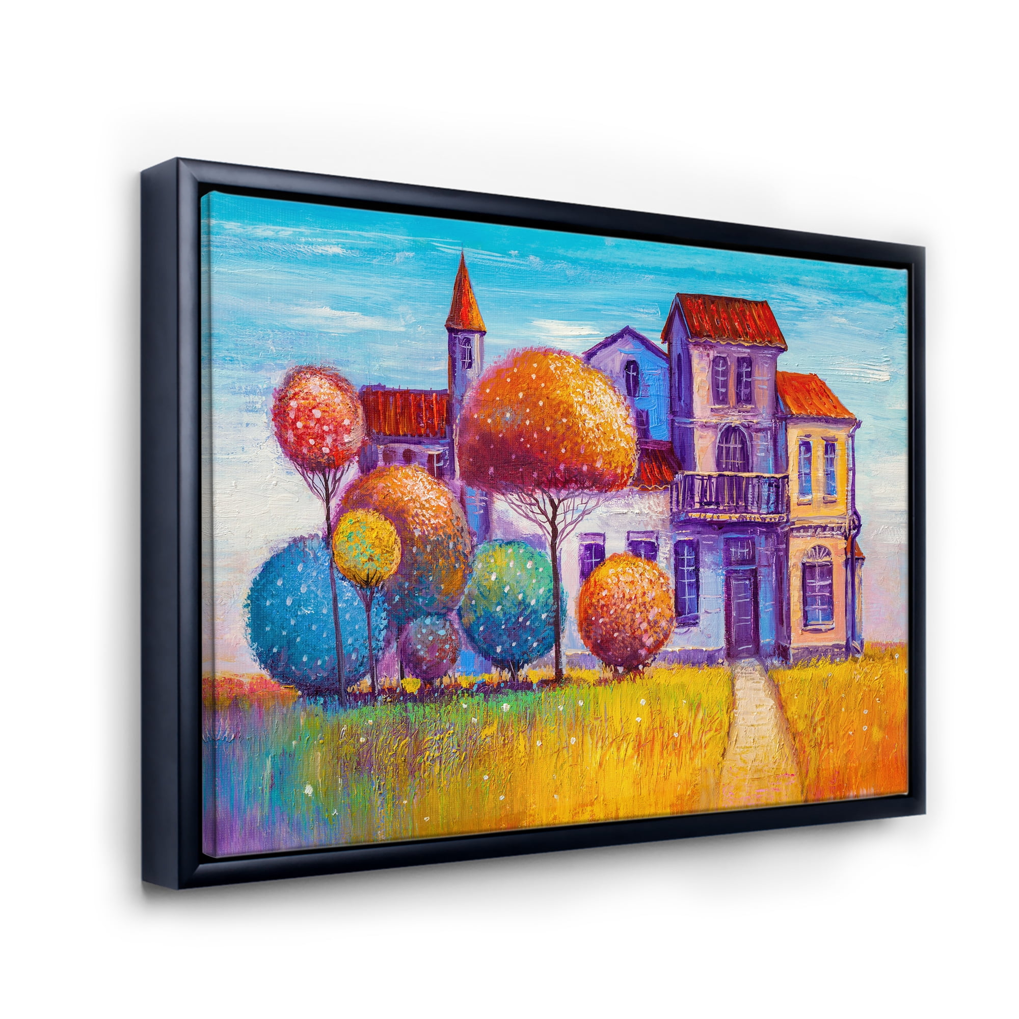Designart 'Abstract Colorful House In The Fairy Tale VIllage' Traditional Framed Canvas Wall Art Print