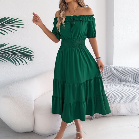 Wowcloth Women's Off-Shoulder Dress, Casual Fashion Solid Color Short Sleeve A-Line Midi Dress with Below-Calf Length for Daily Wear and Style Wears