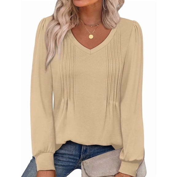 WIHOLL Womens Long Sleeve Shirts Pleated V Neck Curved Hem Fall Winter Tunic Tops Blouses Beige Shirts