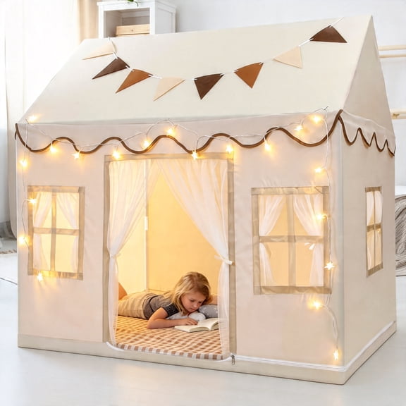 ZIOBLW Kids Play Tent with Star Lights & Flags, 50 x 34 x 51 inch Indoor Outdoor House Playhouse with Soft Mat, Cream, Easy Assembly Play Tent for Children Ages 3