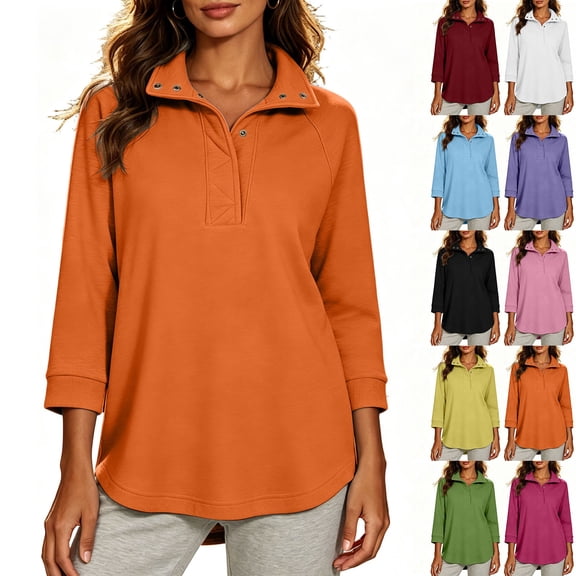 Hfnxid Women's Sweatshirts Loose Fit Button Lapel Long Sleeve Pullover Tops Casual Fashion Fall Sweatshirt Blue M