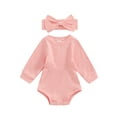 thumbnail image 2 of Musuos Baby Girl Fall Outfit, 3 6 9 12 18 Months Solid Color Round Neck Long Sleeve Ribbed Romper Bow Headband 2 Piece Set, 2 of 9