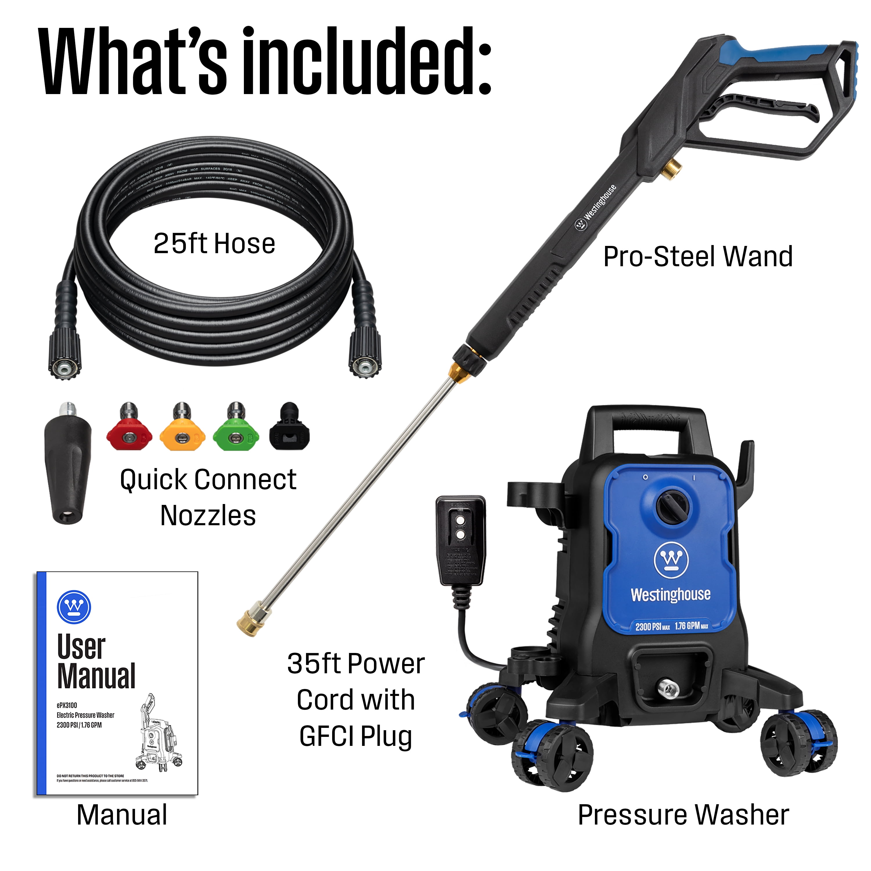 Westinghouse 2300 Max PSI Electric Pressure Washer, 1.76 Max GPM, Soap Tank, 5 Nozzles