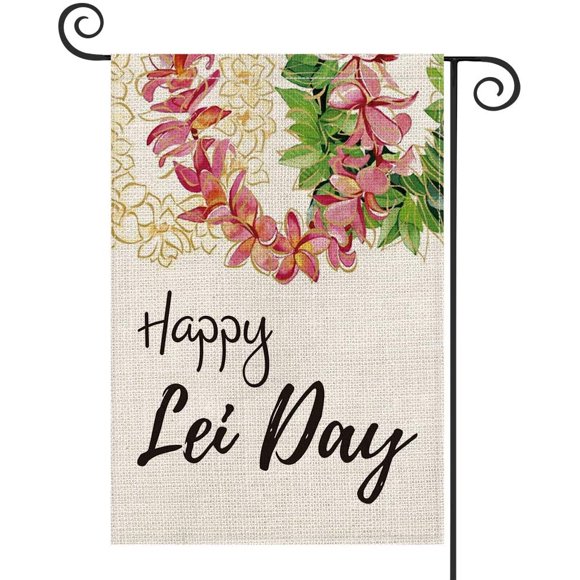 Happy Lei Day Garden Flag Vertical Double Sized, Watercolor Garland Flower Leaf Hawaii Summer Holiday Party Yard Outdoor Decoration 12.5 x 18 Inch