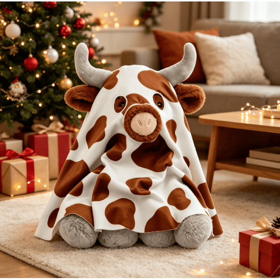 Holiday Spotted Longhorn Cow Ghost Plush Toy, Fluffy Highland Cow Stuffed Animal, Fun Ghost‑Themed Cow Plush for Halloween Party Decoration, Table Ornament & Holiday Present