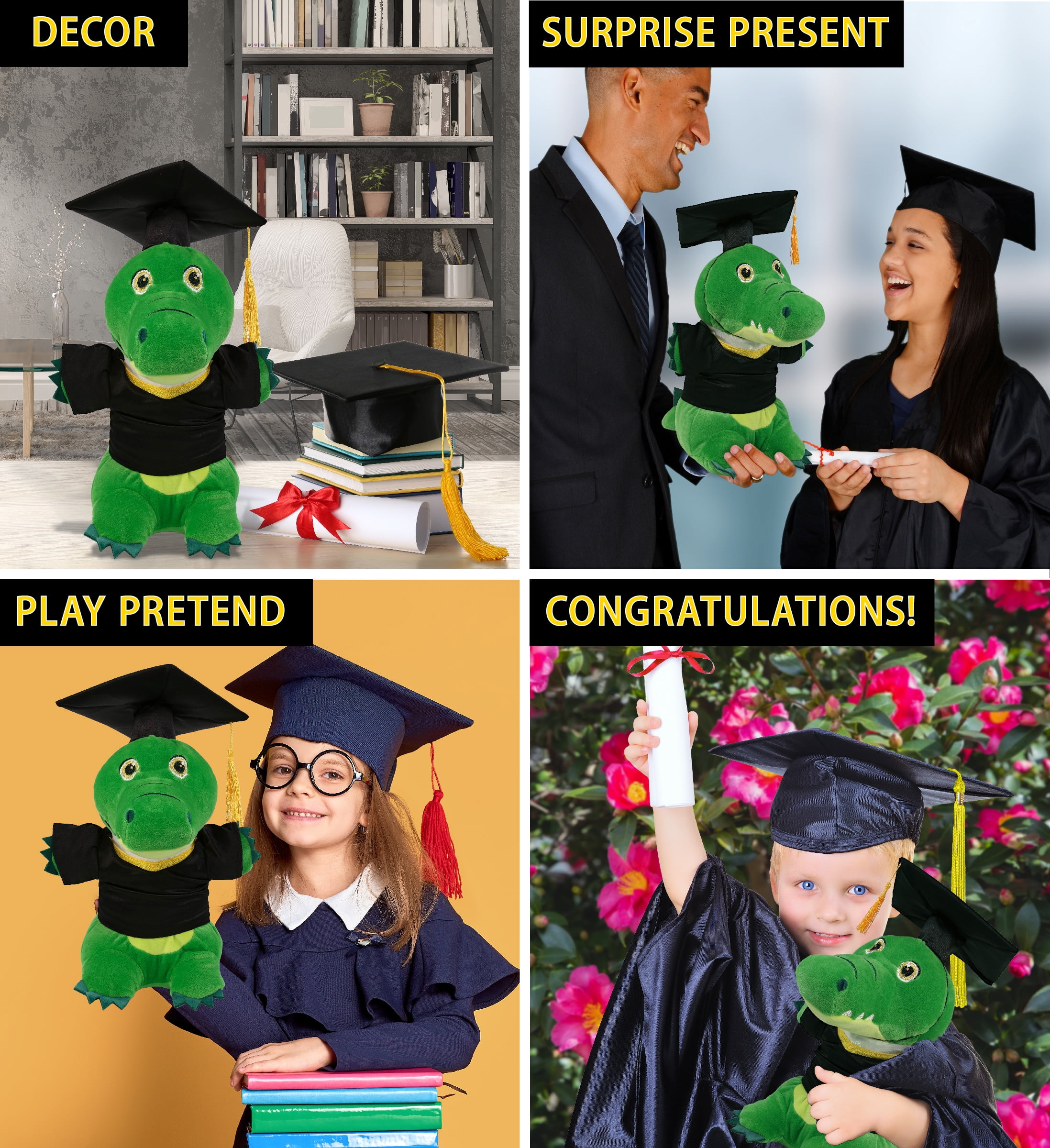 DolliBu Standing Alligator Graduation Plush Toy - Snug-Mooshies Gator Plush Graduation Stuffed Animal Dress Up with Graduation Gown and Cap with Tassel Outfit - Congratulatory Graduation Gift - 7 Inch