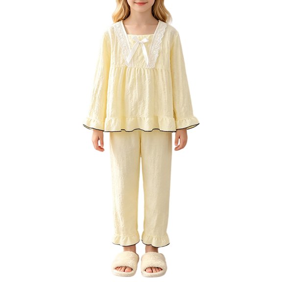 YunPes Girls Cute Loungewear Set Lace Trim Square-Neck Bubble Crinkle Blouse and Ruffle Pants Kids Soft Lightweight Spring Fall Outfits