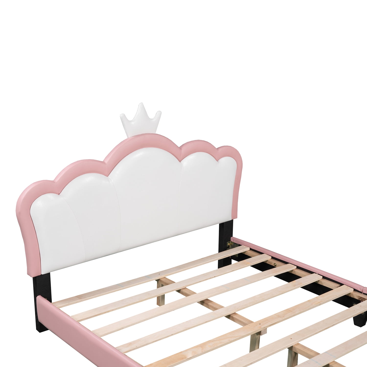 Harper & Bright Designs Full size Princess Bed with Crown Headboard, PU Leather Pink Full Platform Bed Frame for Boys Girls Bedroom