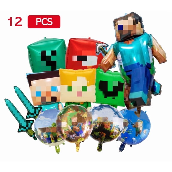 12PCS Pixel Characters Foil Balloons – Adventure Theme Party Decorations