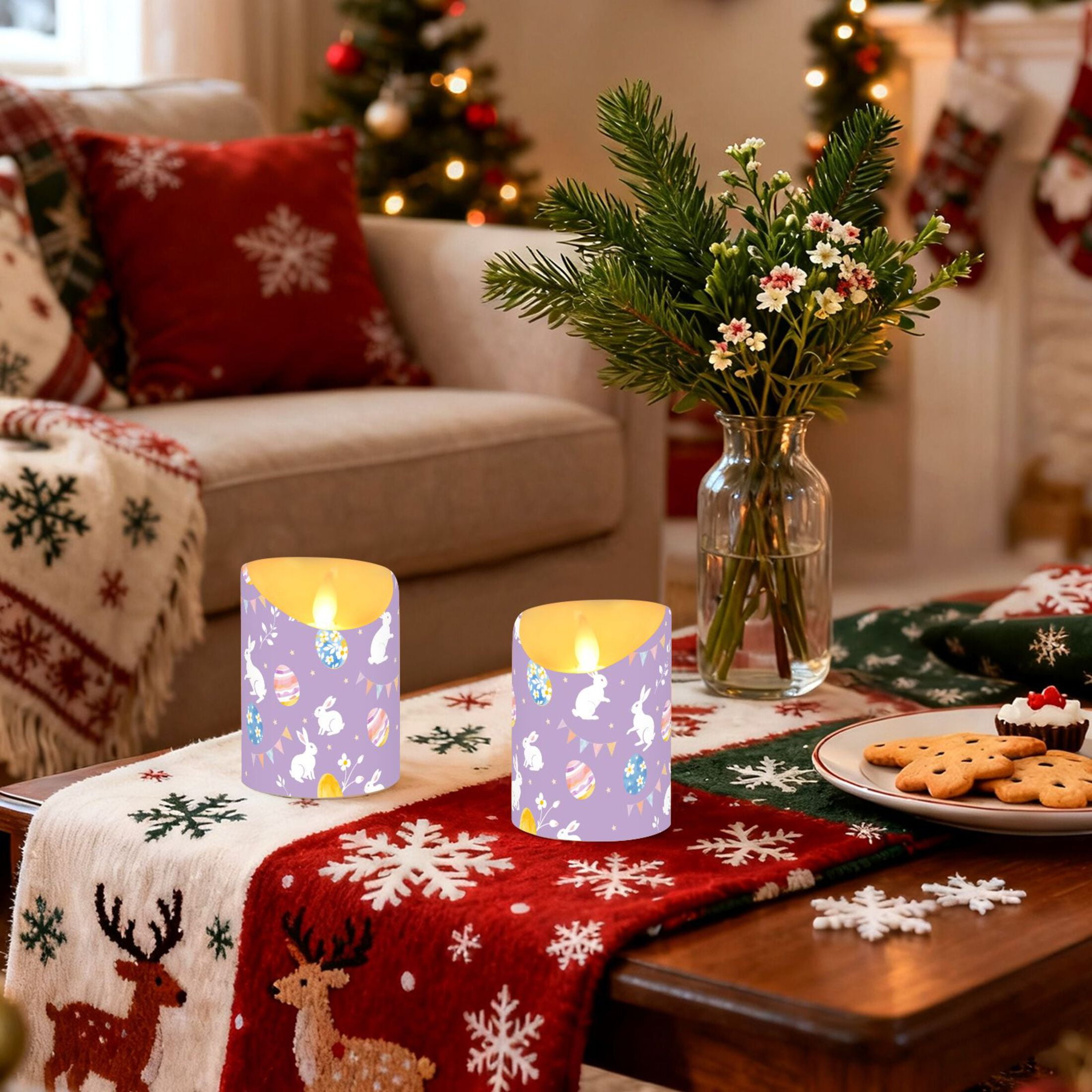 White Rabbit Colorful Easter Egg Pattern Flameless Candles 2 PCS with Remote Realistic Moving Flame LED Tapered Pillar Set for Home Decor