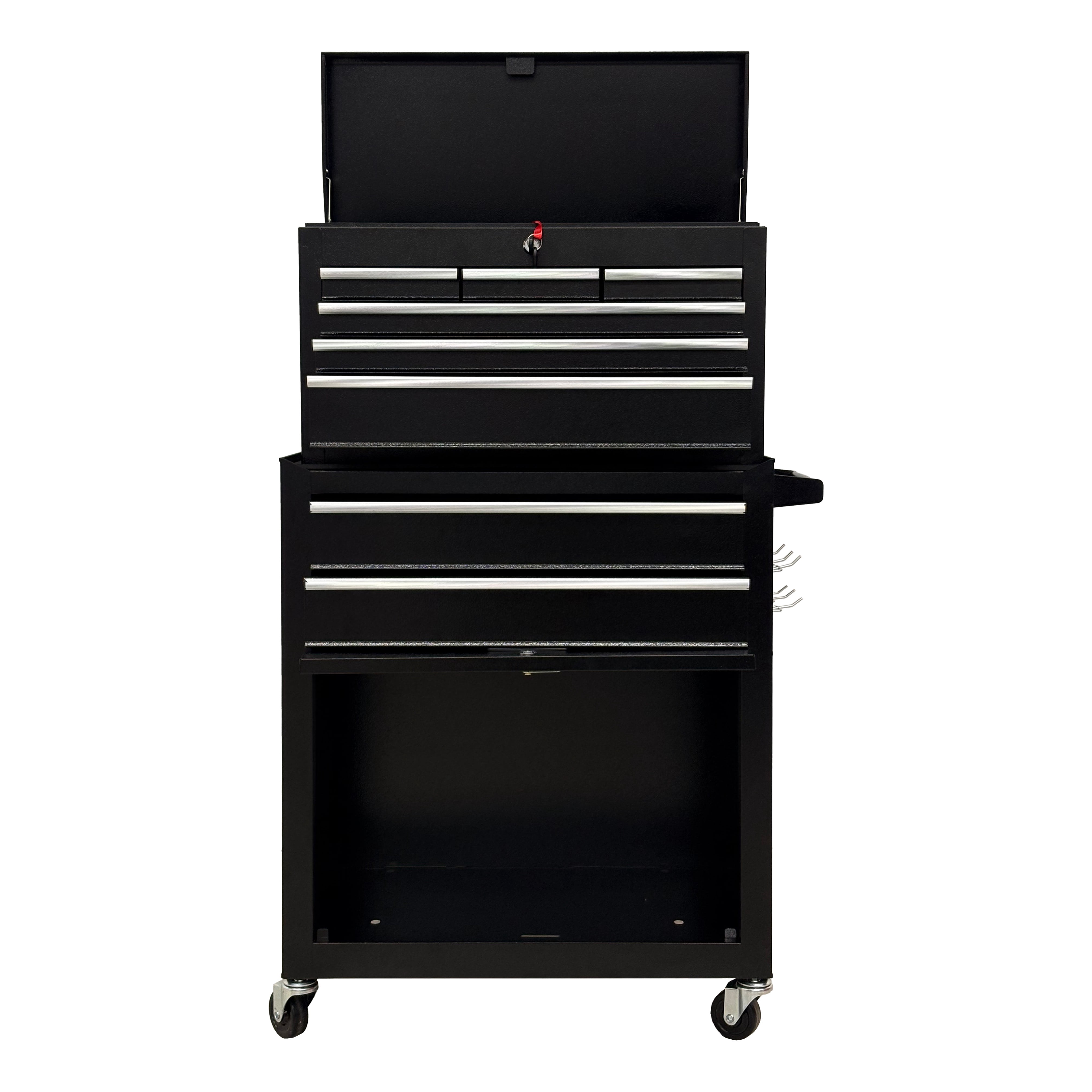 8 Drawer High‑Capacity Rolling Tool Chest, 2‑in‑1 Detachable Top Box,Metal Tool Storage Cabinet with Drawer Liners, Lockable Wheels & Side Hooks, Heavy‑Duty Tool Cart for Garage Workshop, Black