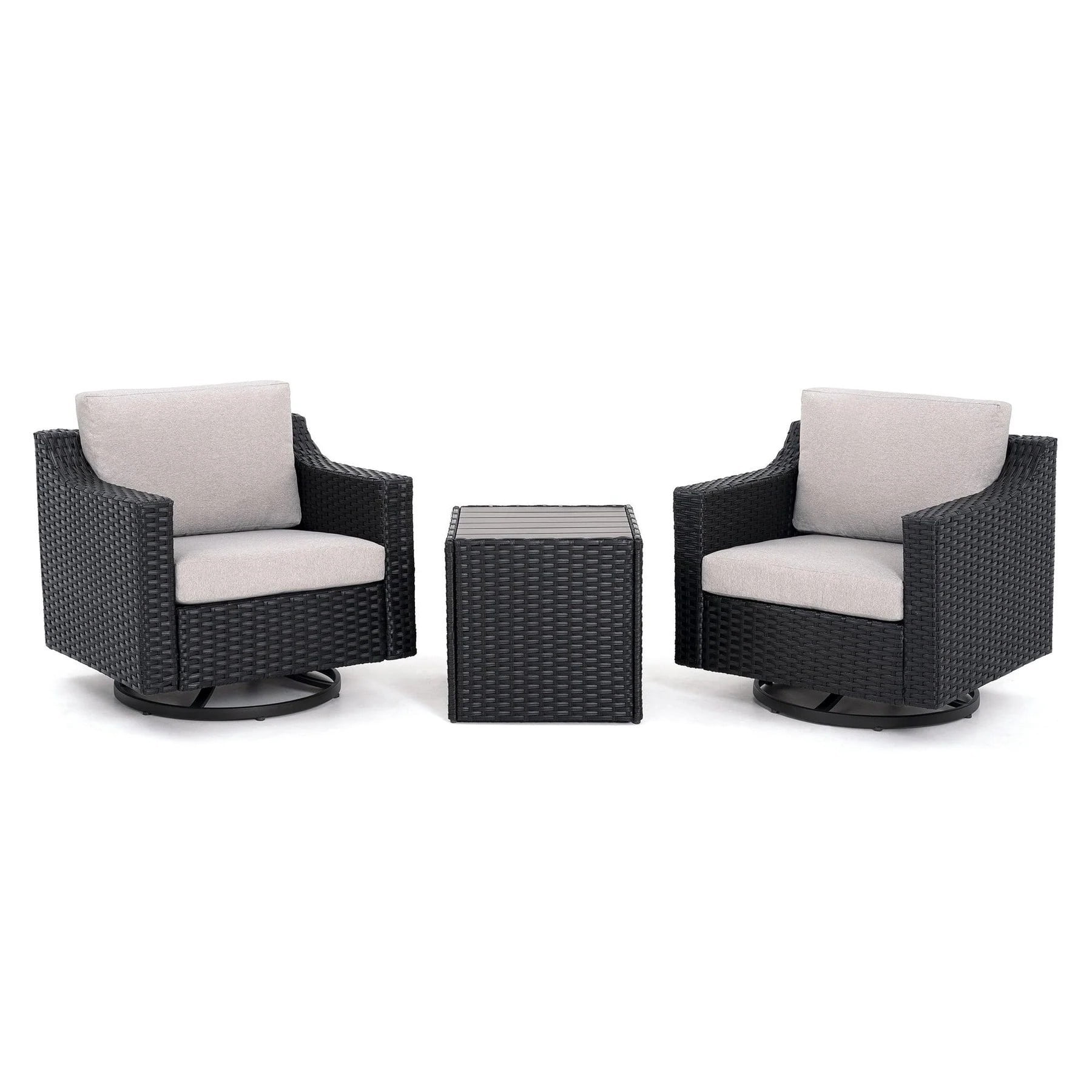 3 Piece Patio Bistro Set with 360 Swivel Patio Chairs, Outdoor Wicker Patio Furniture Set with Cushions and Side Table for Balcony Porch Backyard, Brown/Grey