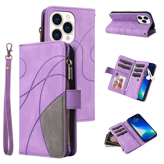 Case for iPhone 14 Pro Max 6.7" 2022, Detachable Lanyard Zipper Wallet PU Leather & Soft Shockproof TPU Shell Card Slots Flip Kickstand Secrure Wrap Full Body Protective Wallet Case, Purple
