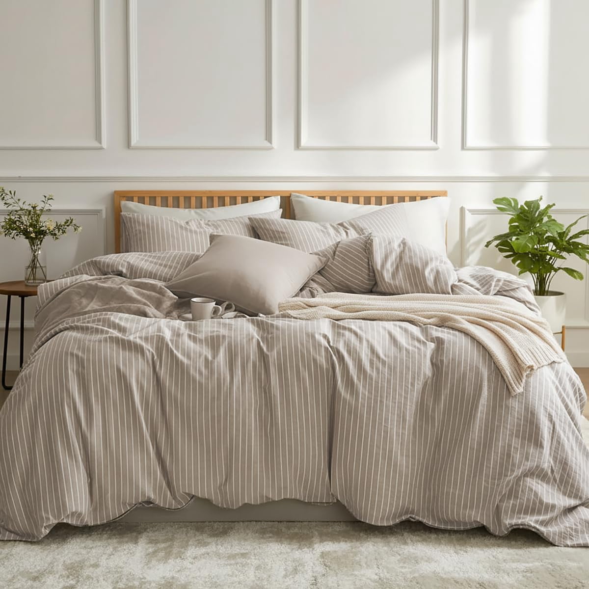 NAYOROOM 100% Cotton Duvet Cover King Set, 3-Piece Breathable Comforter Cover（Light Brown & White Striped）