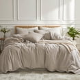 thumbnail image 3 of NAYOROOM 100% Cotton Duvet Cover Queen Set, 3-Piece Breathable Comforter Cover（Light Brown & White Striped）, 3 of 9
