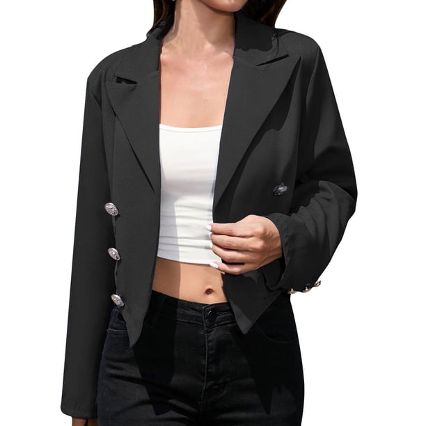 Chaquetas de traje de oficina Chaqueta de traje pequeña de color sólido con botones de manga larga y solapa de otoño e invierno para mujer,blazer moda(Negro, XL)