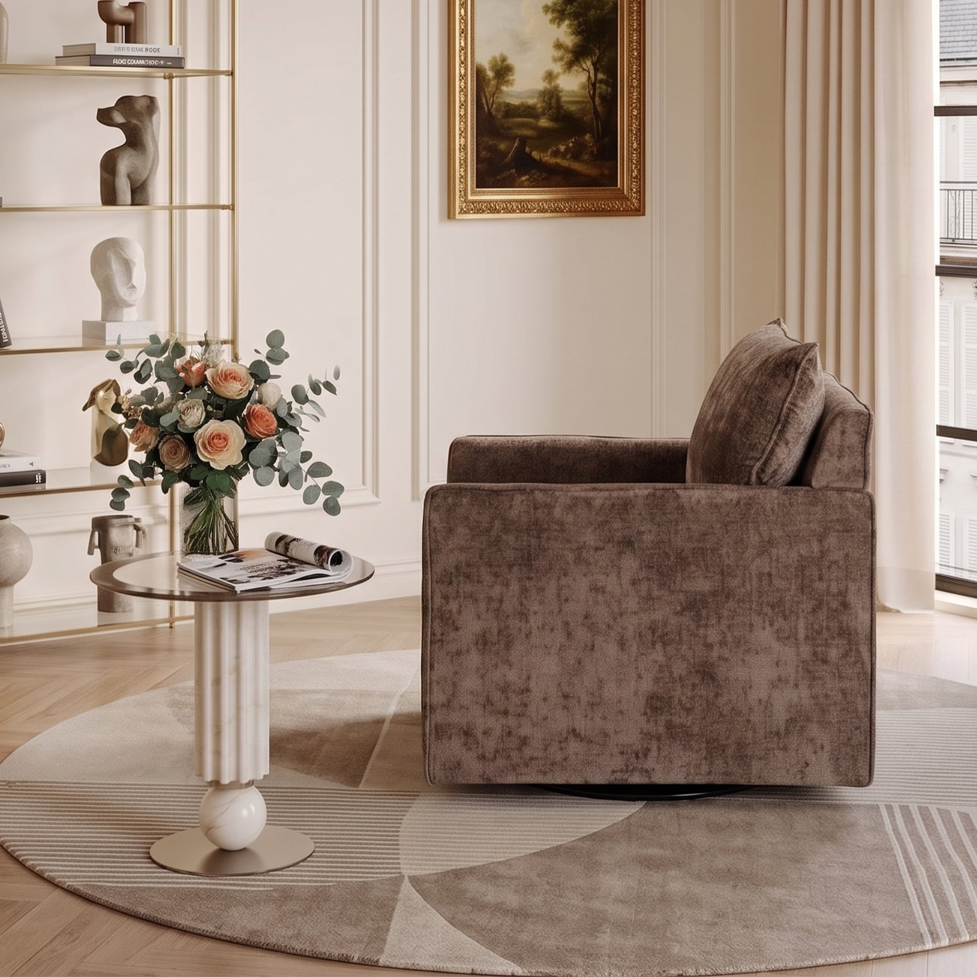 GARITIN 360° Swivel Accent Chair, Comfy Single Square Sofa Armchair, Upholstered Club Chair for Living Room Bedroom Reading Room, Chenille Fabric, Brown