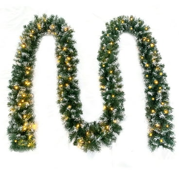 Swtroom 18ft Christmas Garland with Battery Operated 50 LED Lights and Timer Snow Flocked Christmas Decorations Xmas Garland for Stairs Fireplaces Wall Door Xmas Garland