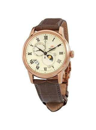 Men's Peugeot Round Sun Moon Leather Strap Watch Brown
