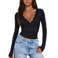 thumbnail image 2 of Stichou Long Sleeve Shirts for Women Lace V Neck Rib Knit Slim Fit Basic Tee Tops Casual T-Shirt Going Out Spring Fall Outfits Black S, 2 of 5