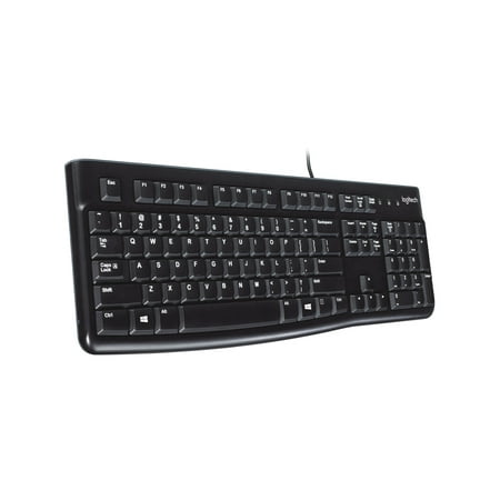 Logitech K120 Wired Keyboard for Windows  USB Plug-and-Play  Full-Size  Spill-Resistant  Curved Space Bar  Compatible with PC  Laptop  Black Experience comfortable typing with a wired keyboard that s built to last - Logitech K120. This keyboard brings a familiar typing experience thanks to the deep-profile keys with a springy  responsive bounce-back and standard layout with full-size F-keys and number pad. The curved space bar along with easy-to-read keys provide comfortable and familiar use with your computer or laptop. K120 corded keyboard is ready to use right out of the box - simply plug into the USB port and it s ready to go. The spill-resistant design (1)  durable keys and sturdy tilt legs with adjustable height make sure your keyboard fits your working needs and lasts for years to come.